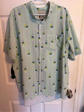 RSVLTS Men’s Short-Sleeve Seersucker Stripe Pixar Toy Story Alien The Claw shirt